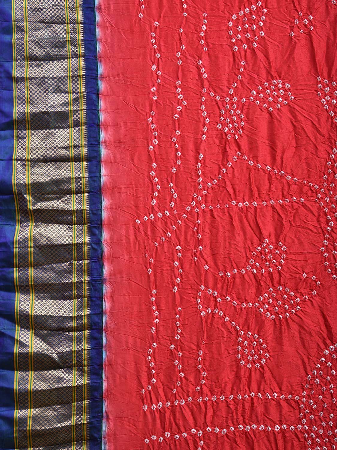 Red and Teal Bandhani Paithani Silk Saree with Flamingo and Pallu Design bn0505