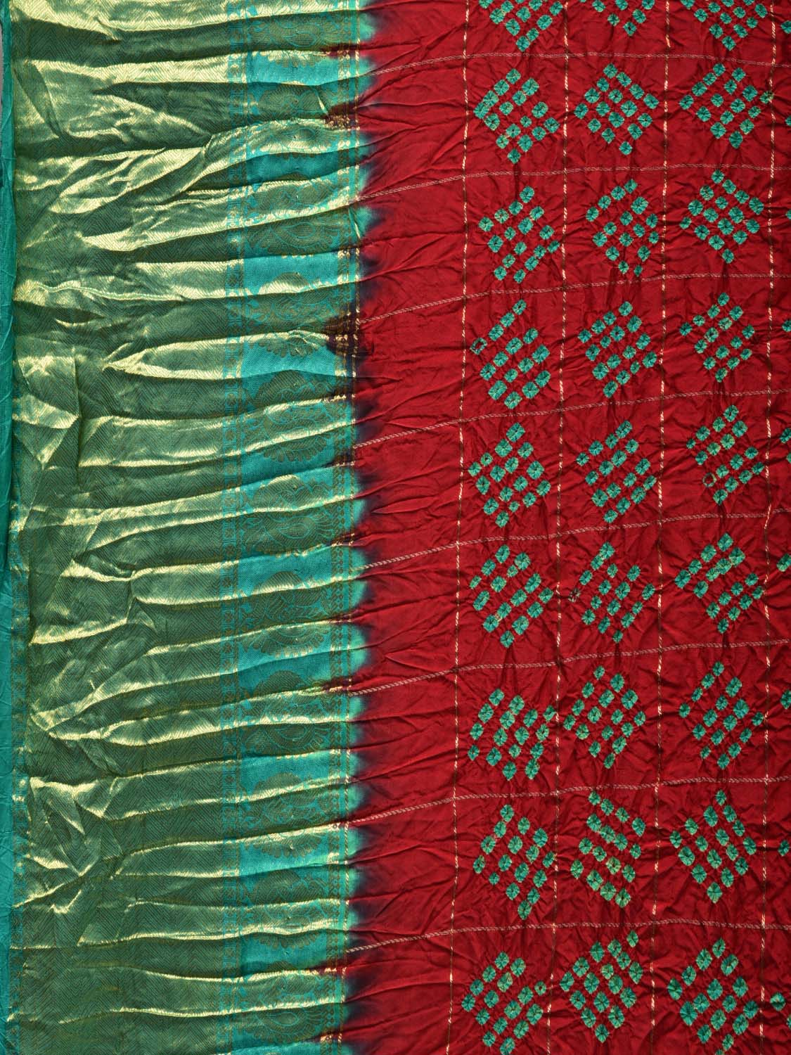 Red and Turquoise Bandhani Kanchipuram Silk Handloom Saree with Zari Checks Design bn0304