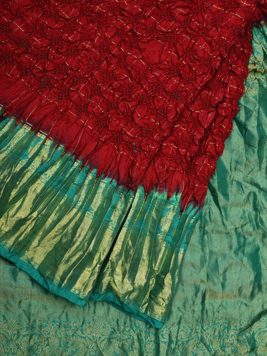 Red and Turquoise Bandhani Kanchipuram Silk Handloom Saree with Zari Checks Design bn0304