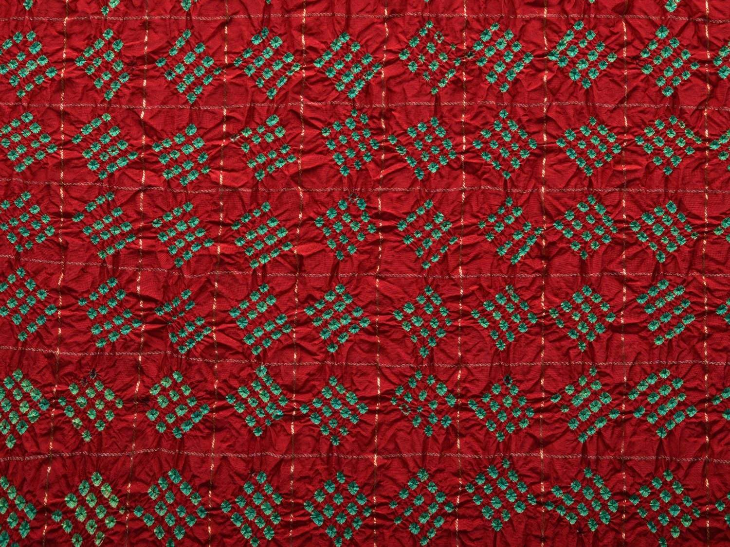 Red and Turquoise Bandhani Kanchipuram Silk Handloom Saree with Zari Checks Design bn0304