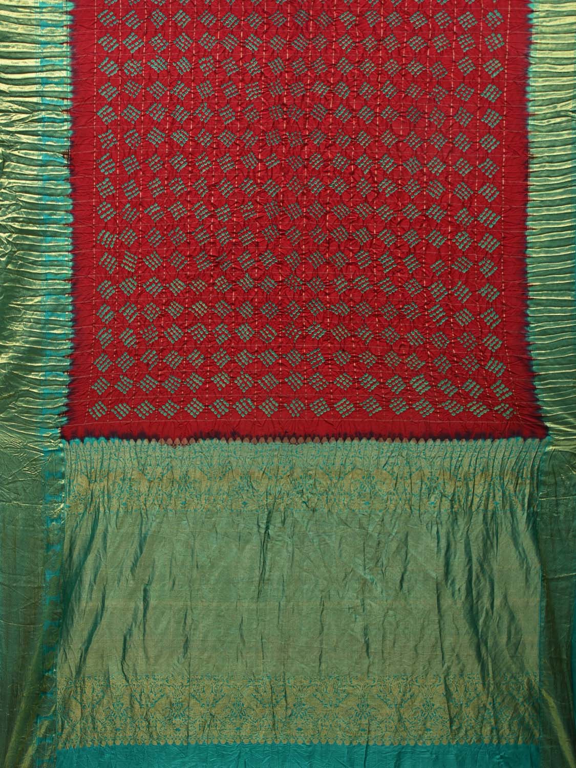 Red and Turquoise Bandhani Kanchipuram Silk Handloom Saree with Zari Checks Design bn0304