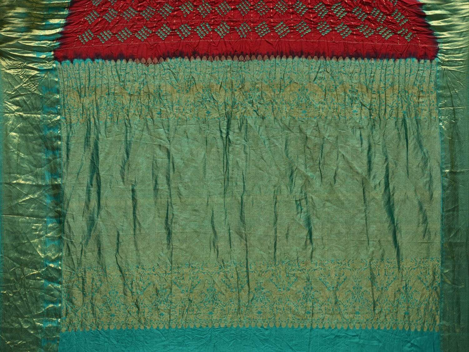 Red and Turquoise Bandhani Kanchipuram Silk Handloom Saree with Zari Checks Design bn0304
