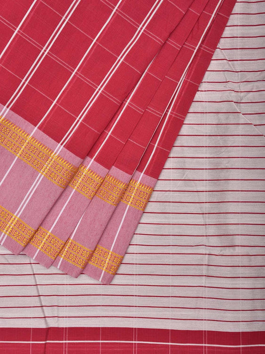 Red and White Bamboo Cotton Saree with Big Checks and Strips Pallu Design No Blouse bc0589