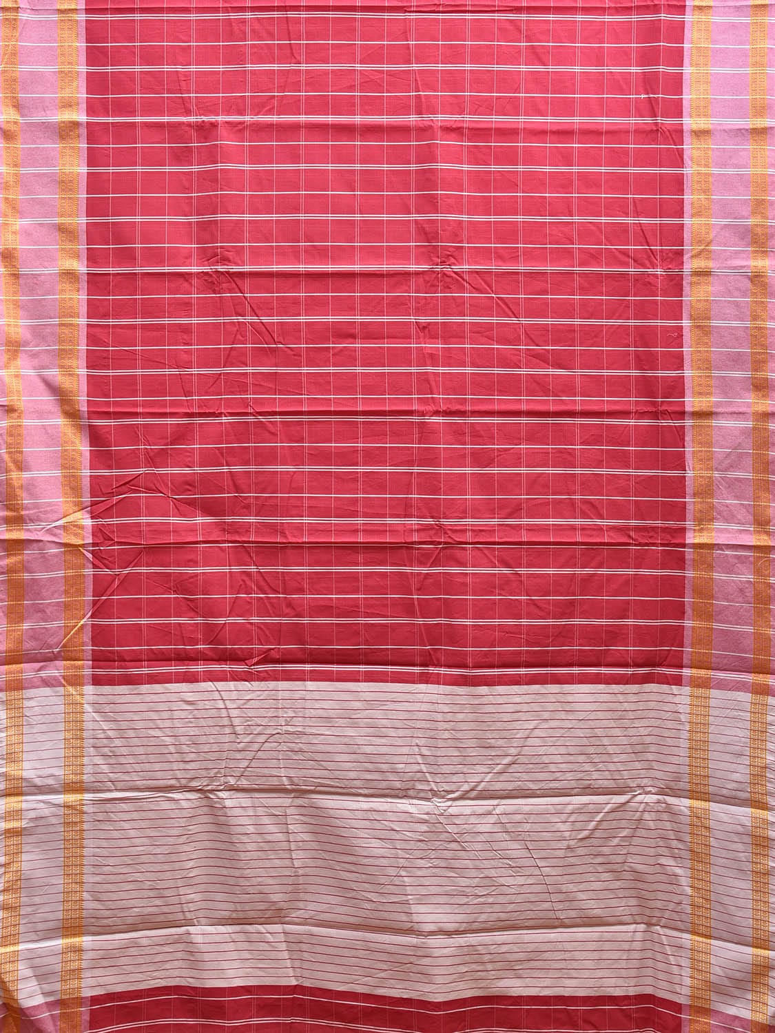 Red and White Bamboo Cotton Saree with Big Checks and Strips Pallu Design No Blouse bc0589