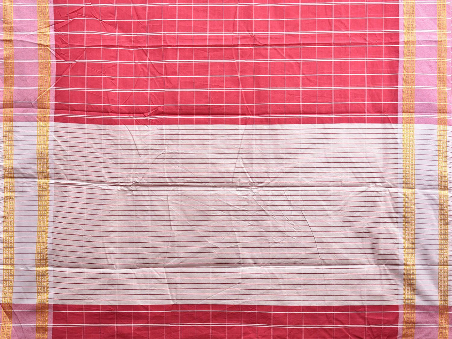 Red and White Bamboo Cotton Saree with Big Checks and Strips Pallu Design No Blouse bc0589