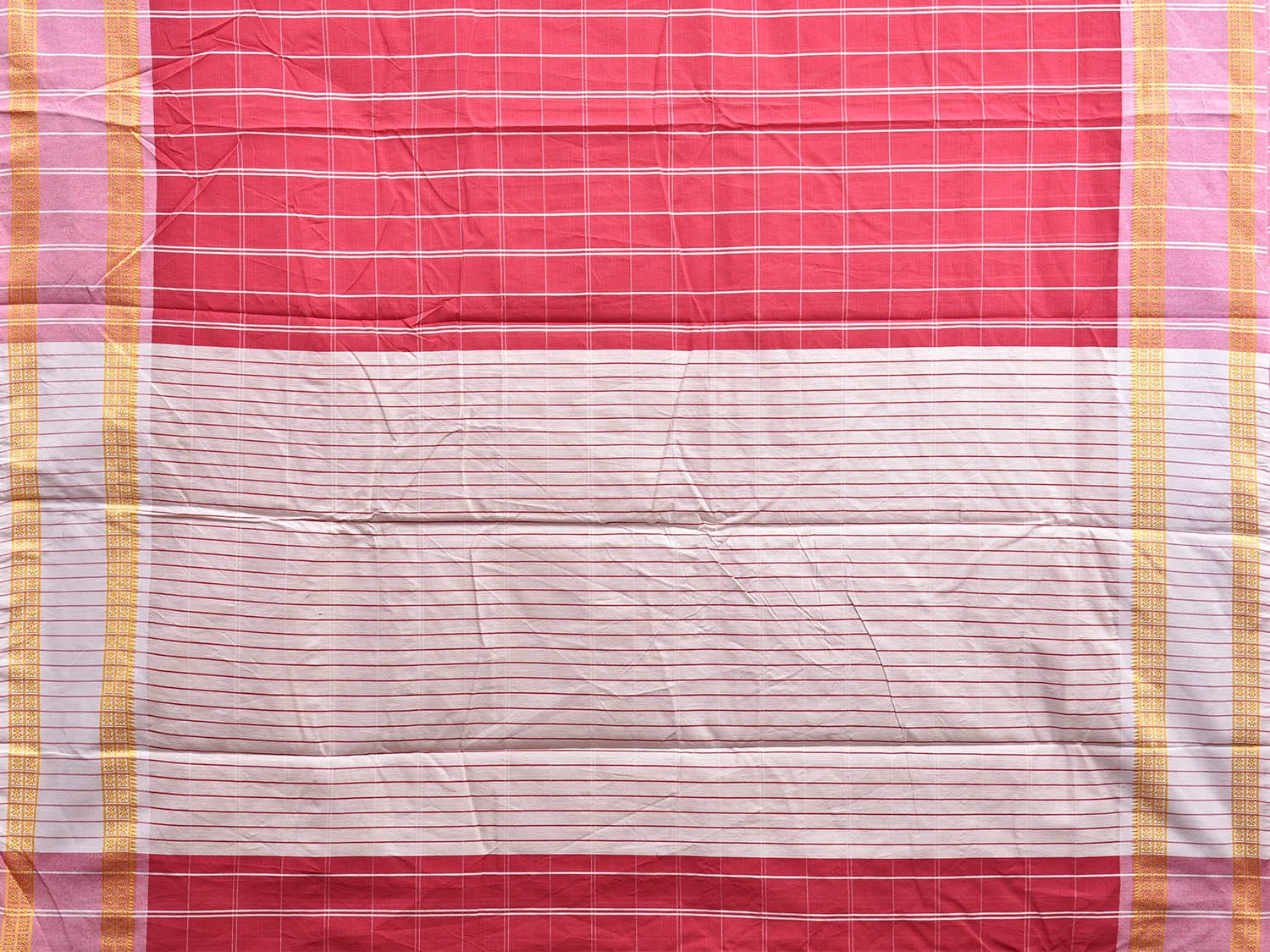 Red and White Bamboo Cotton Saree with Big Checks and Strips Pallu Design No Blouse bc0589