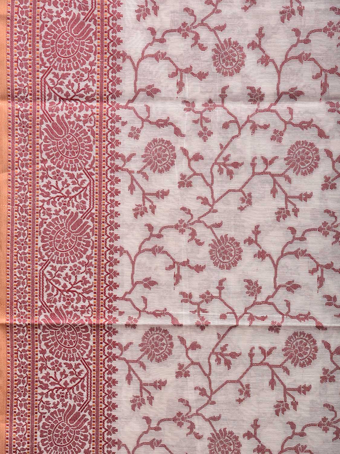 Red and White Dhakai Jamdani Cotton Viscose Saree with Floral Body and Pallu Design dj0035