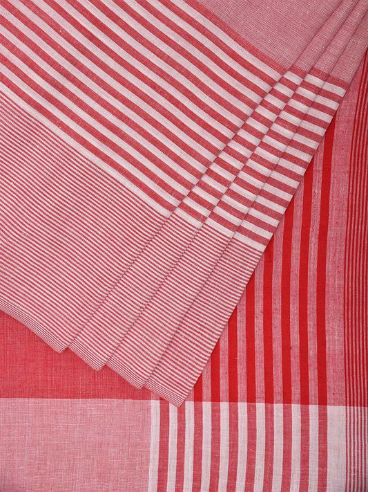 Red and White Organic Cotton Saree with Strips Design o0551