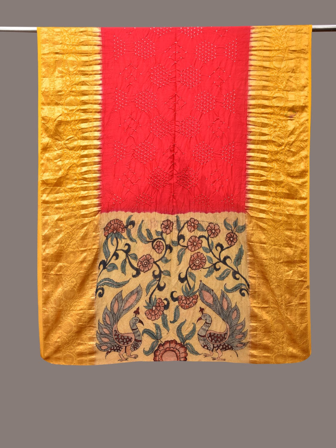 Red and Yellow Bandhani Kanchipuram Silk Handloom Dupatta with Kalamkari Design ds3490