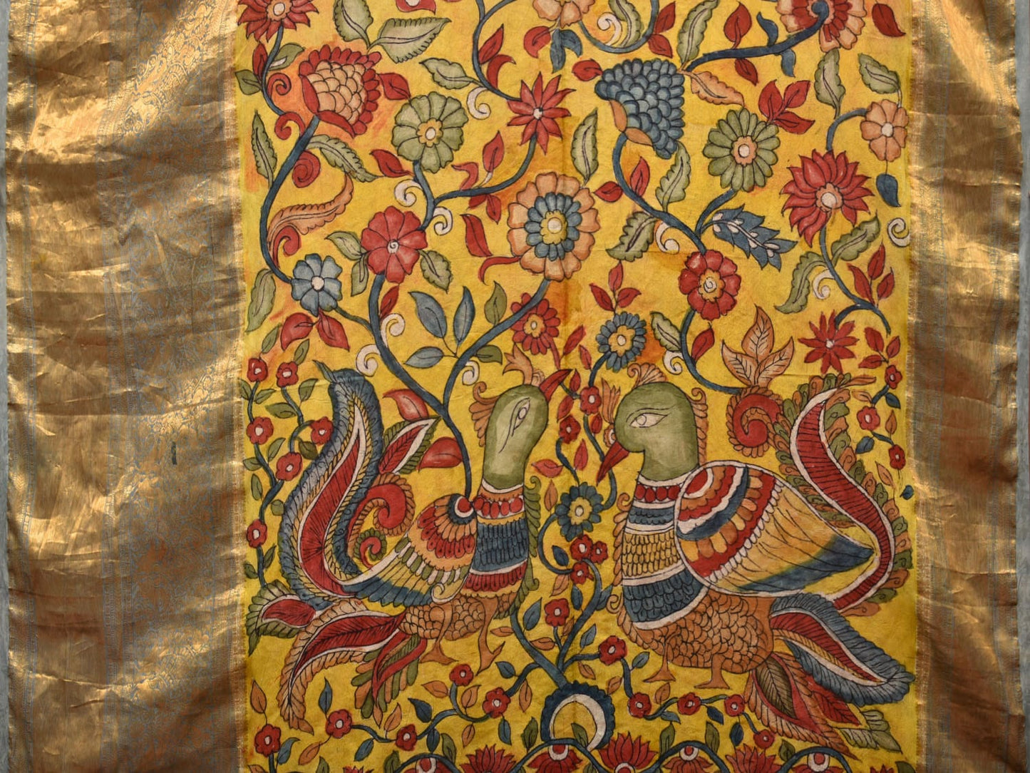 Red and Yellow Bandhani Kanchipuram Silk Handloom Saree with Kalamkari Floral and Birds Pallu Design bn0490