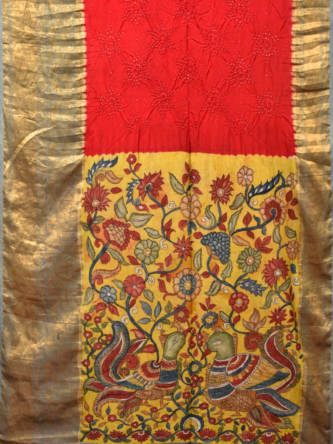 Red and Yellow Bandhani Kanchipuram Silk Handloom Saree with Kalamkari Floral and Birds Pallu Design bn0490