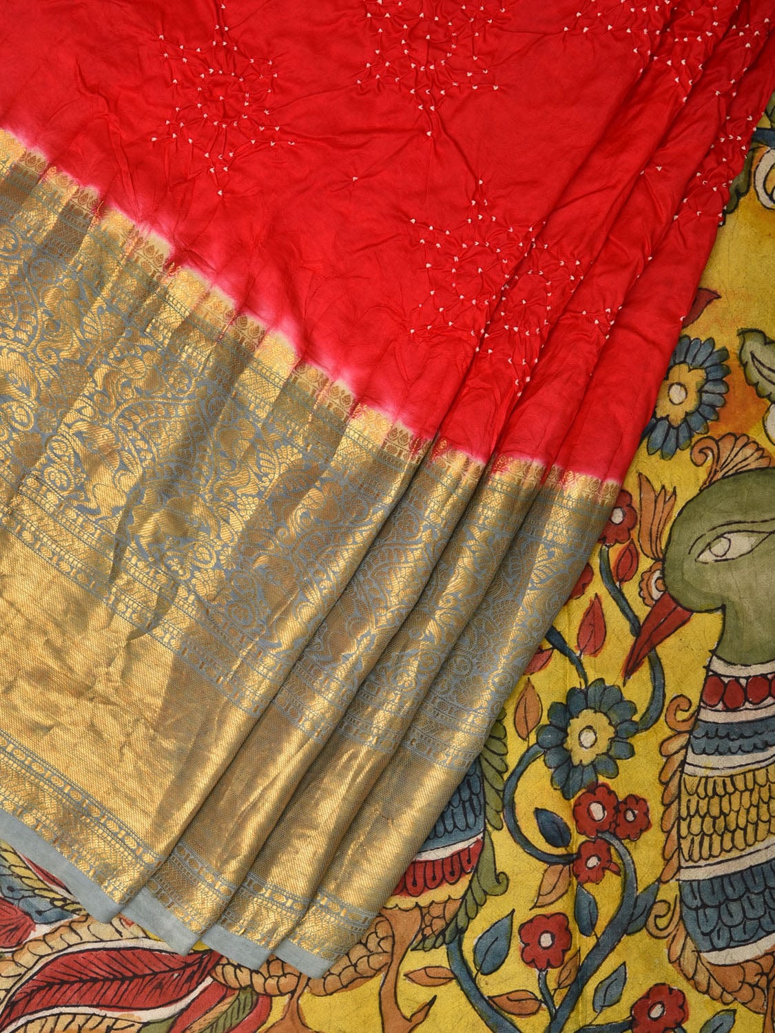 Red and Yellow Bandhani Kanchipuram Silk Handloom Saree with Kalamkari Floral and Birds Pallu Design bn0490