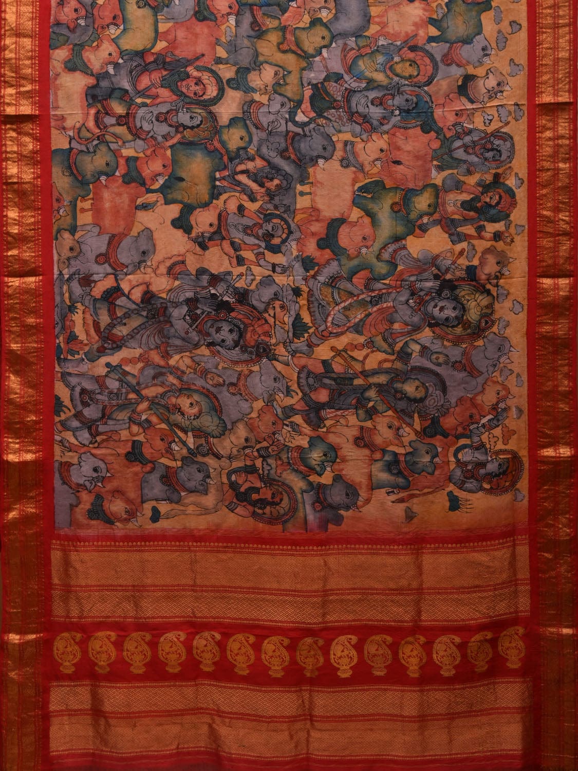 Red and Yellow Kalamkari Hand Painted Gadwal Silk Handloom Saree with Krishna and Cows Design KL0612