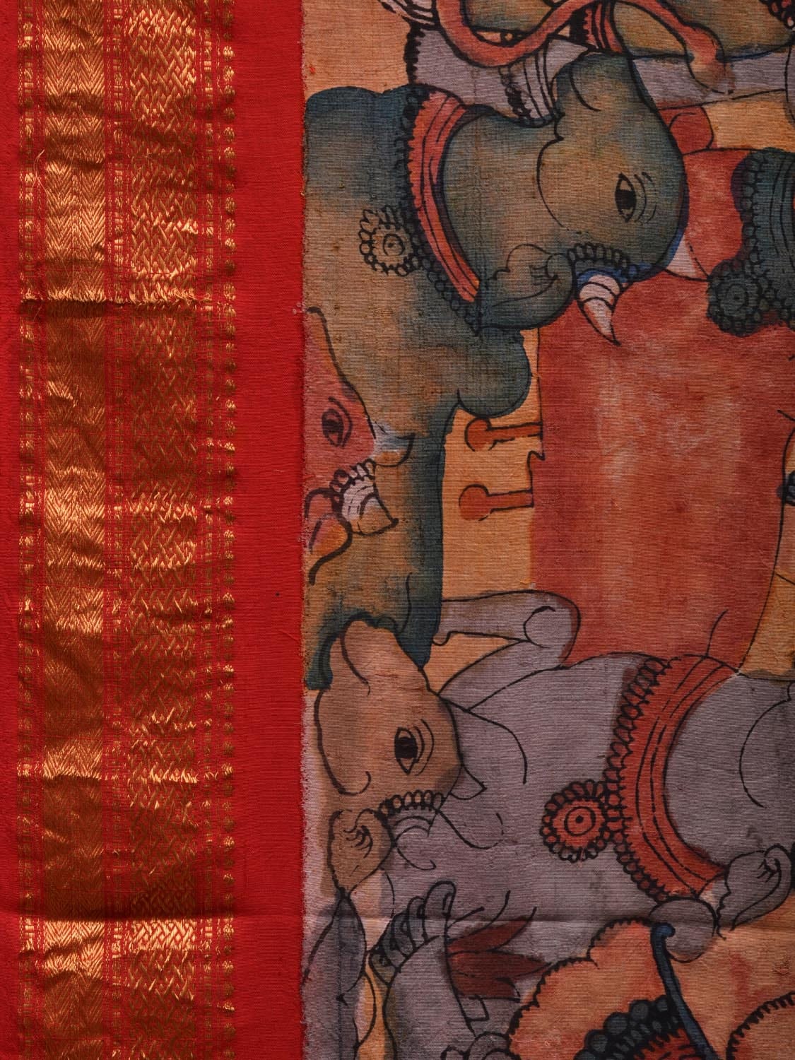 Red and Yellow Kalamkari Hand Painted Gadwal Silk Handloom Saree with Krishna and Cows Design KL0612