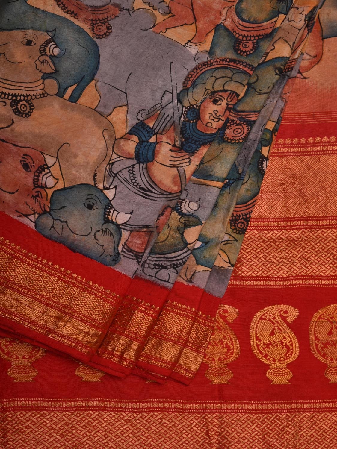 Red and Yellow Kalamkari Hand Painted Gadwal Silk Handloom Saree with Krishna and Cows Design KL0612