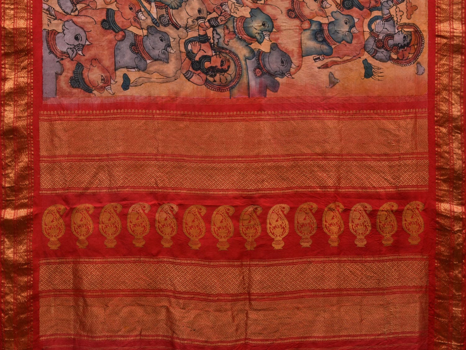 Red and Yellow Kalamkari Hand Painted Gadwal Silk Handloom Saree with Krishna and Cows Design KL0612