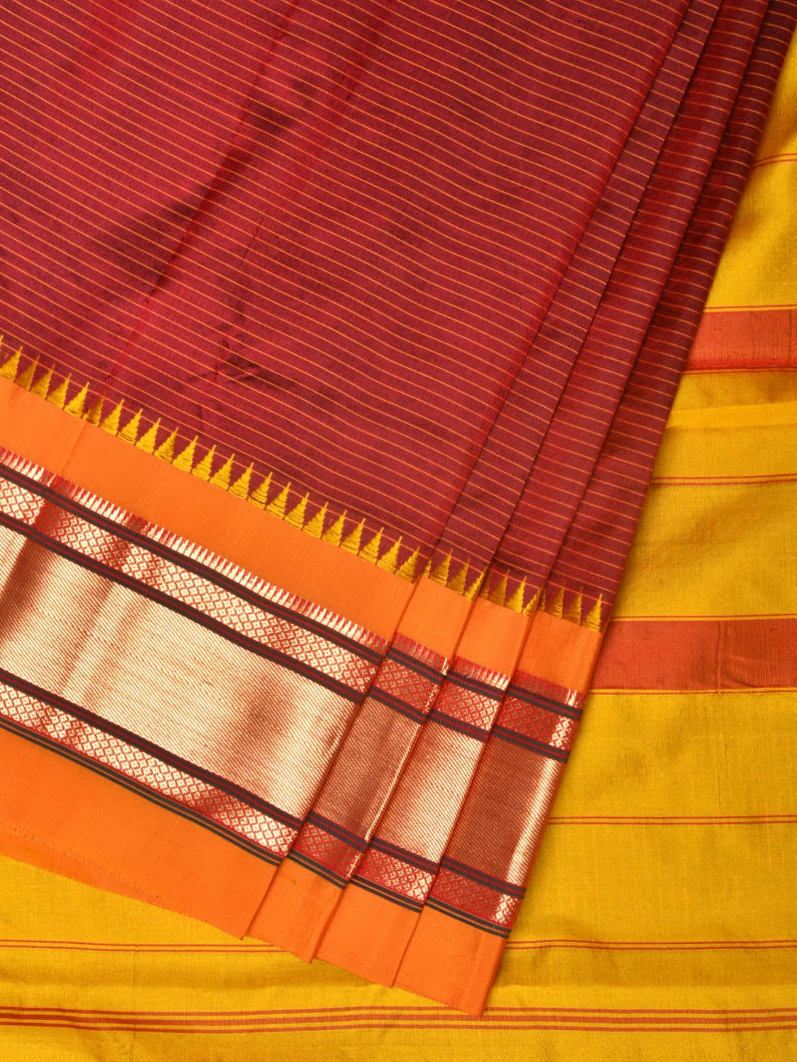 Red and Yellow Narayanpet Silk Saree with Strips Design No Blouse np0782