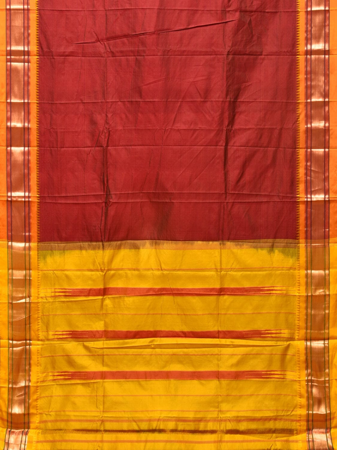 Red and Yellow Narayanpet Silk Saree with Strips Design No Blouse np0782
