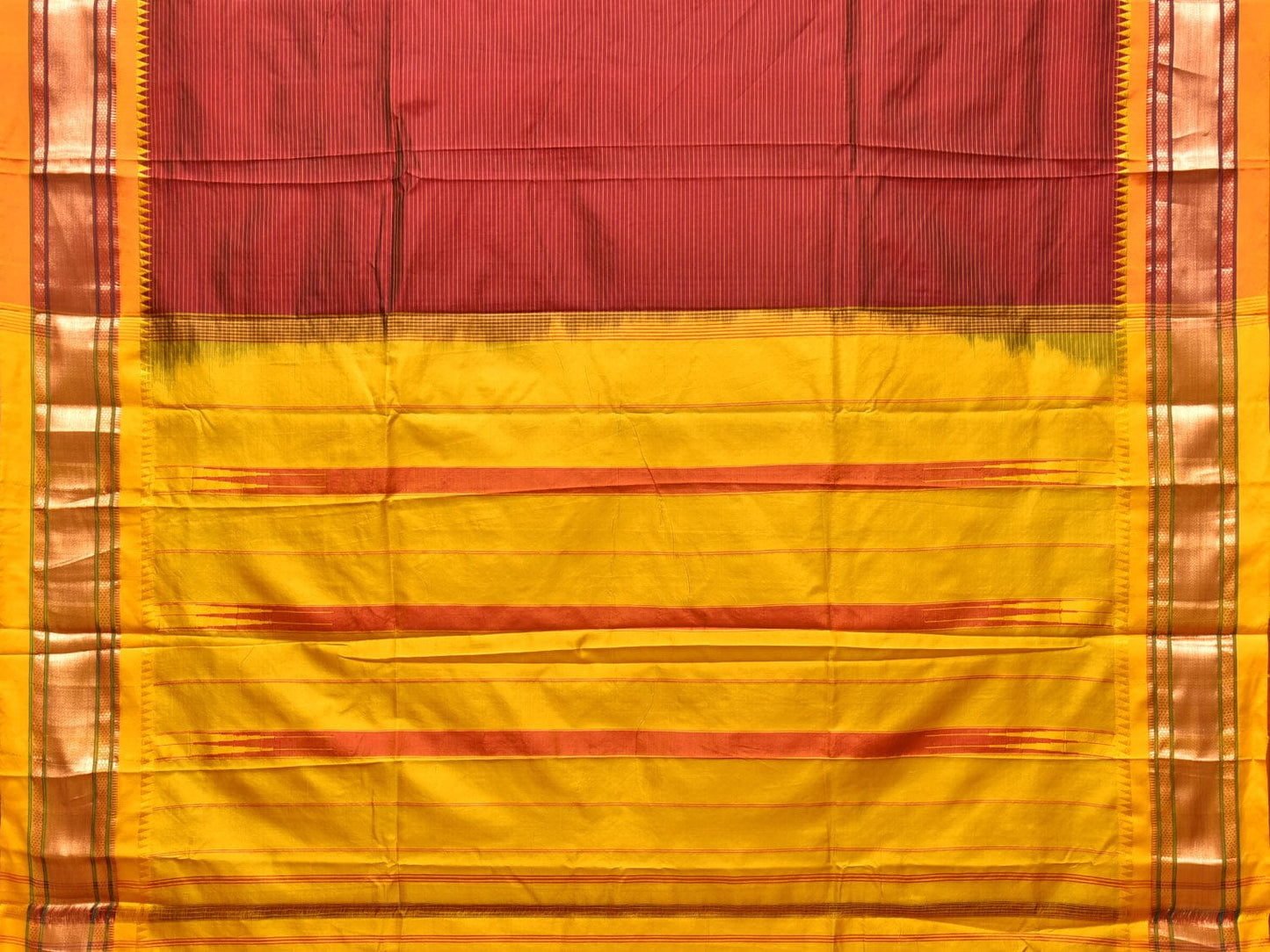 Red and Yellow Narayanpet Silk Saree with Strips Design No Blouse np0782