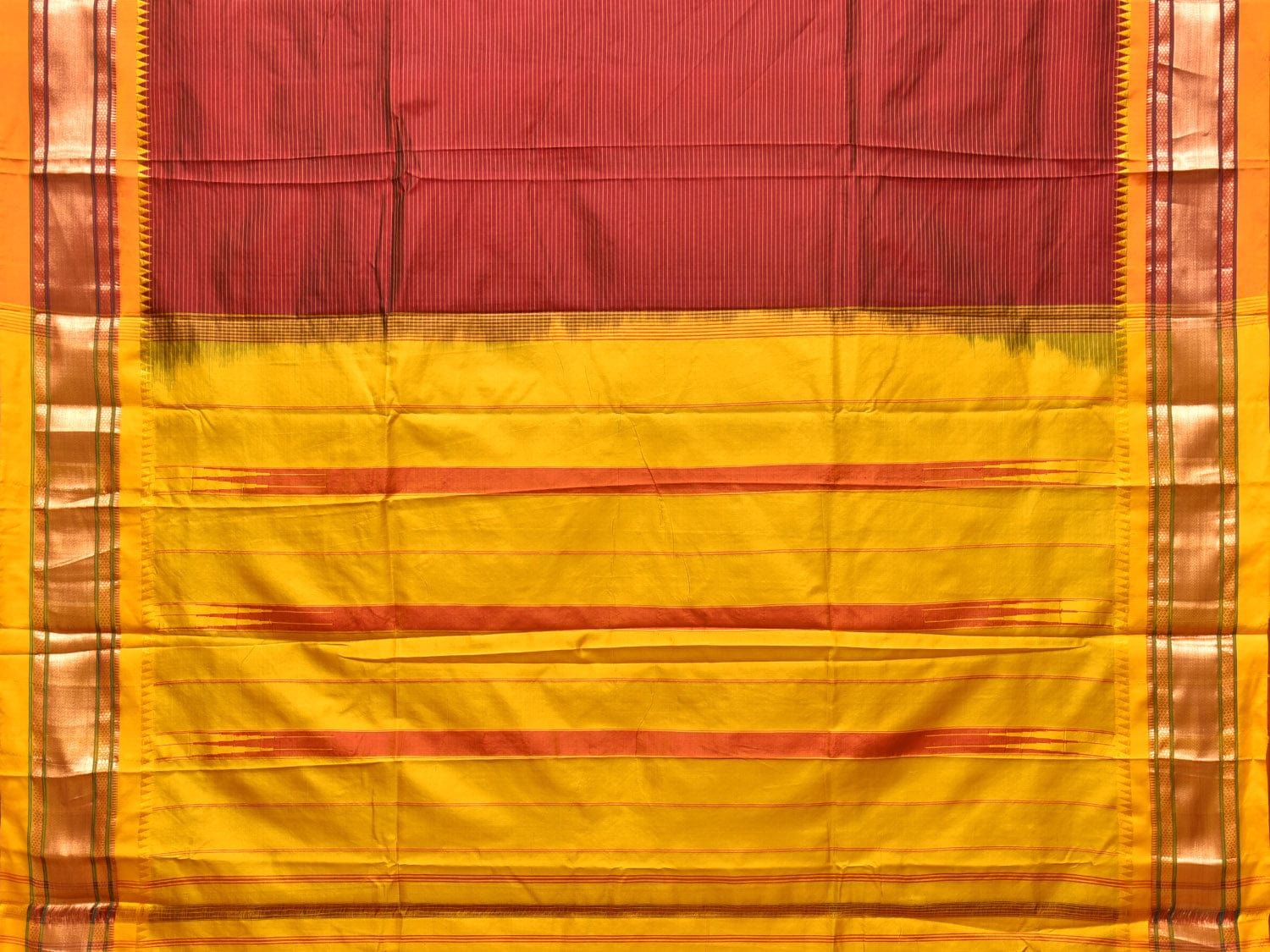 Red and Yellow Narayanpet Silk Saree with Strips Design No Blouse np0782