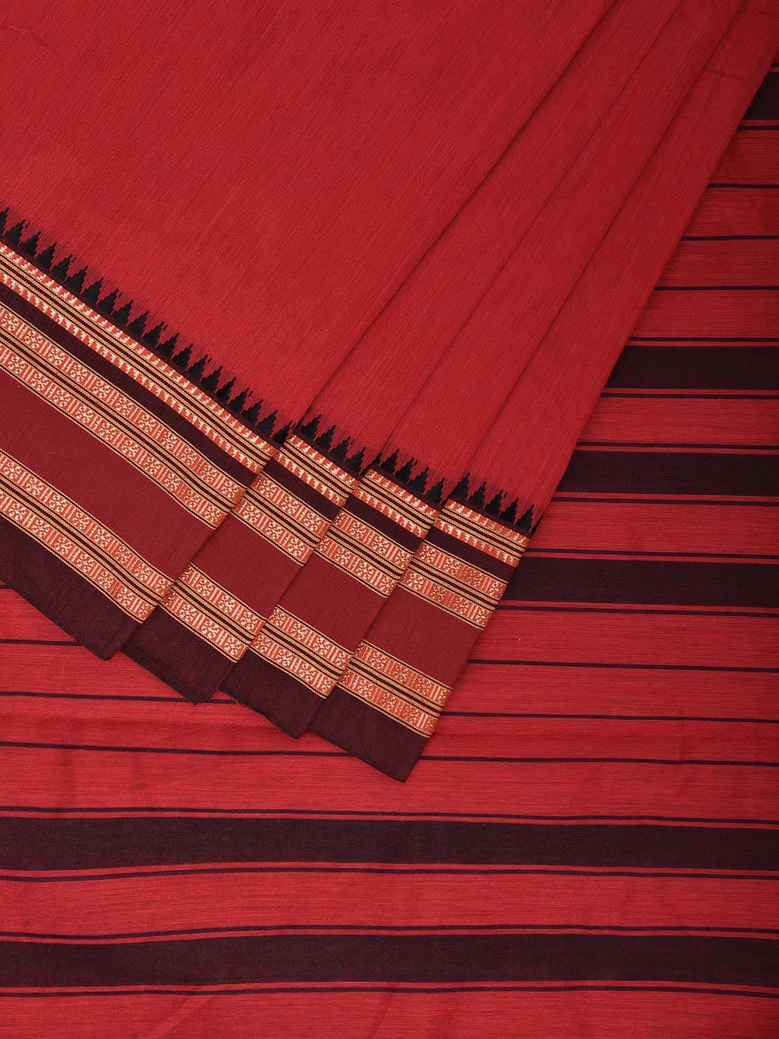 Red Bamboo Cotton Plain Saree with Strips Pallu Design No Blouse bc0755