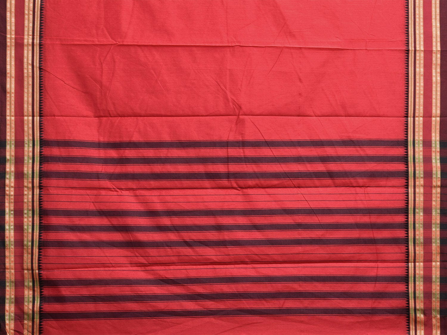 Red Bamboo Cotton Plain Saree with Strips Pallu Design No Blouse bc0755