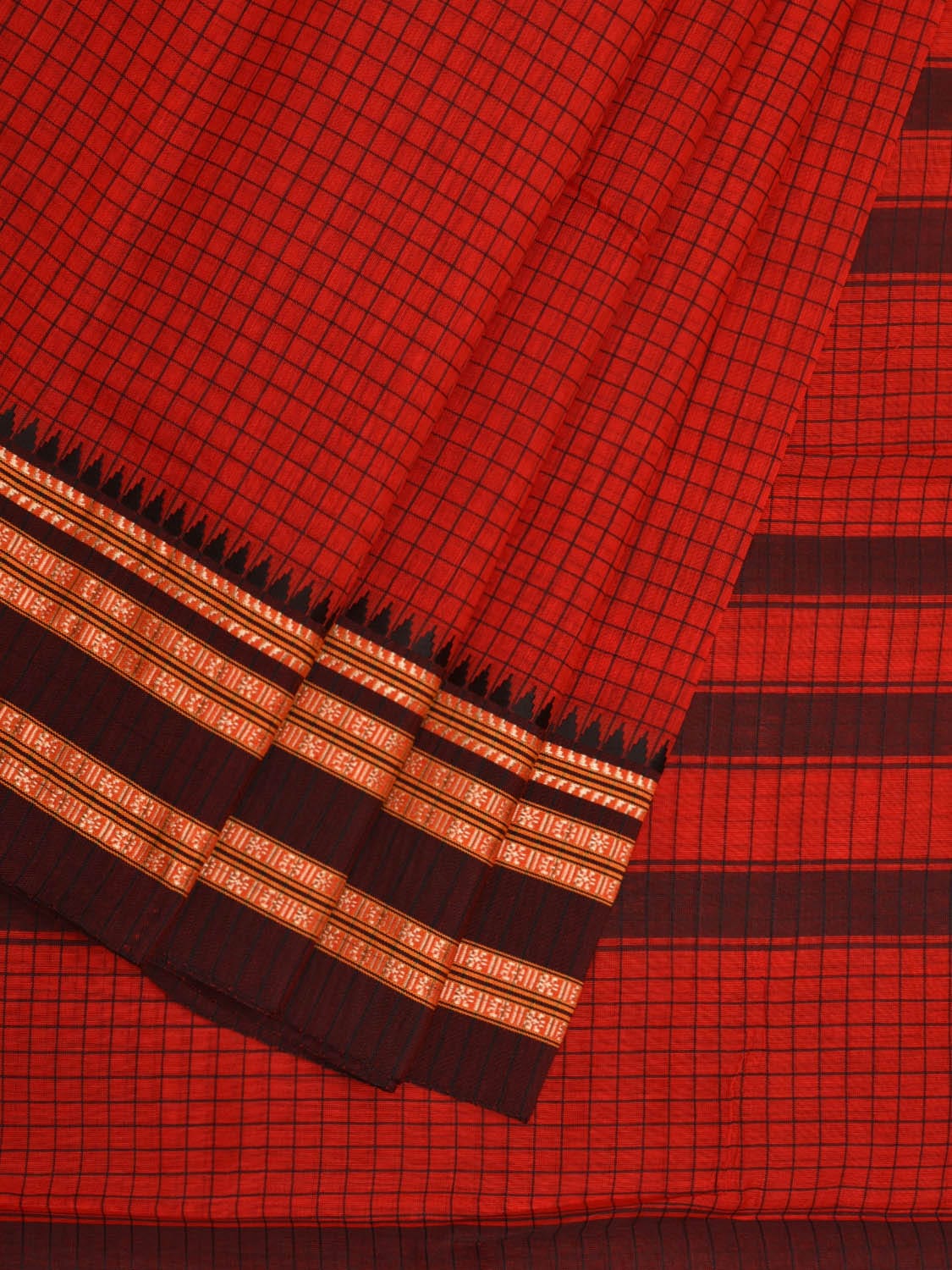 Red Bamboo Cotton Saree with Checks Design bc0038