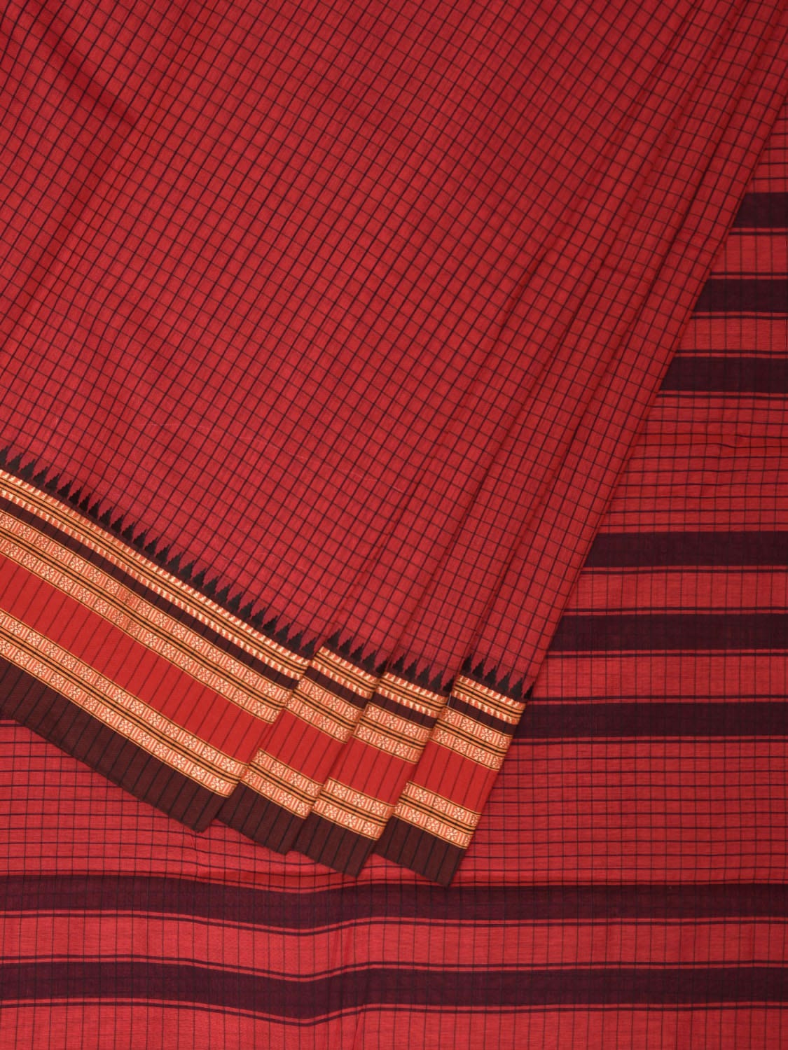 Red Bamboo Cotton Saree with Checks Design No Blouse bc0364