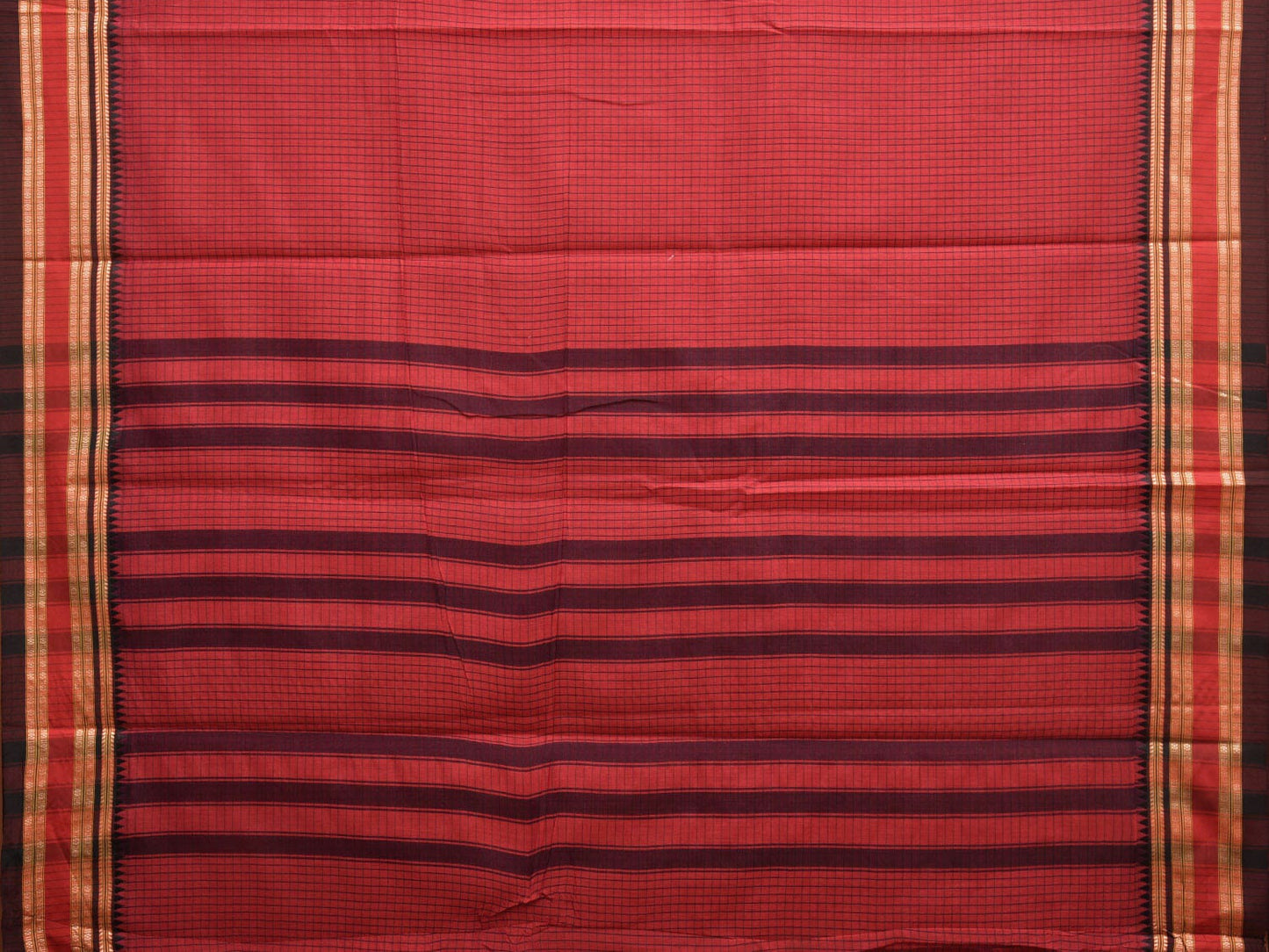 Red Bamboo Cotton Saree with Checks Design No Blouse bc0364