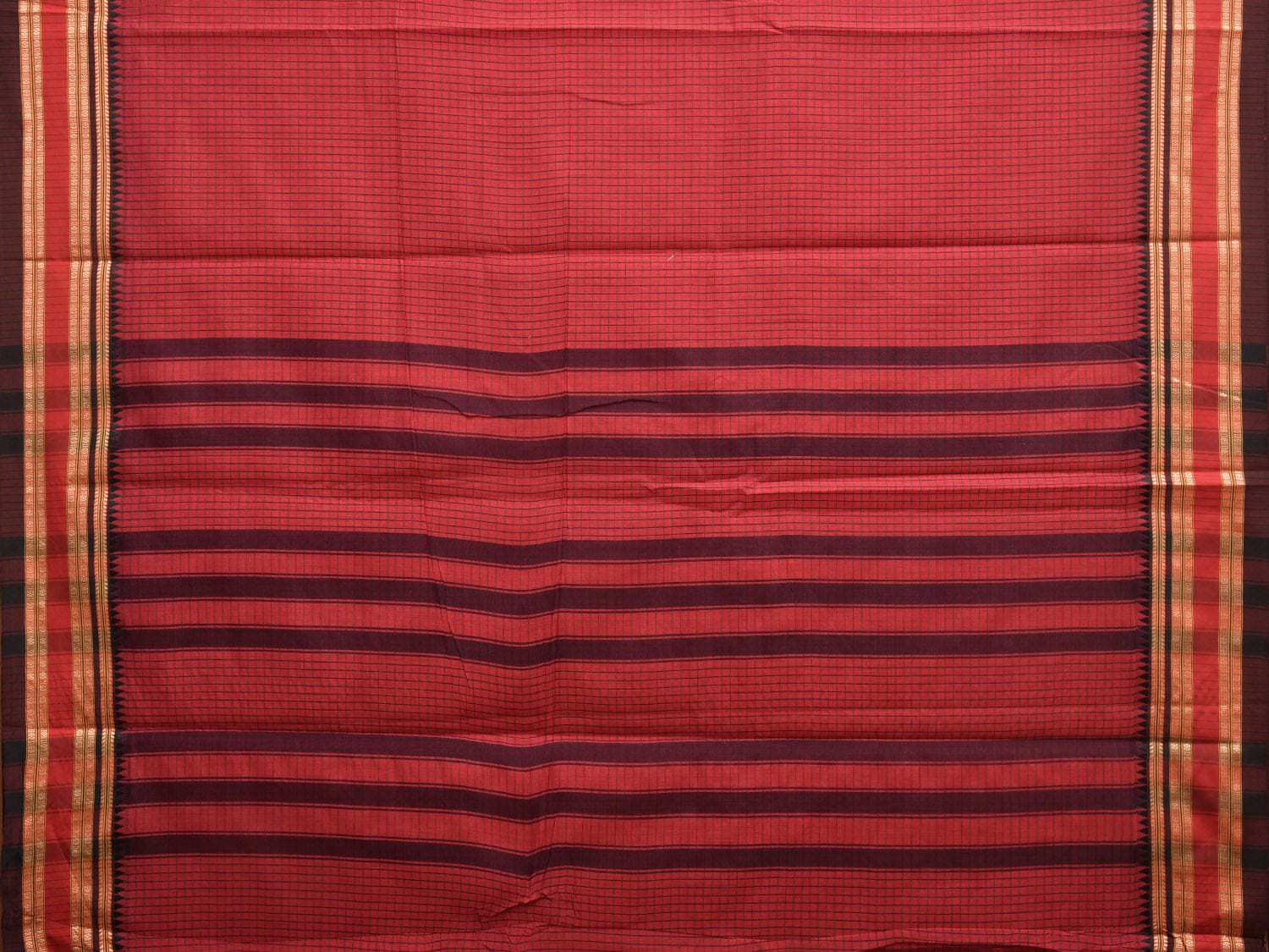 Red Bamboo Cotton Saree with Checks Design No Blouse bc0364