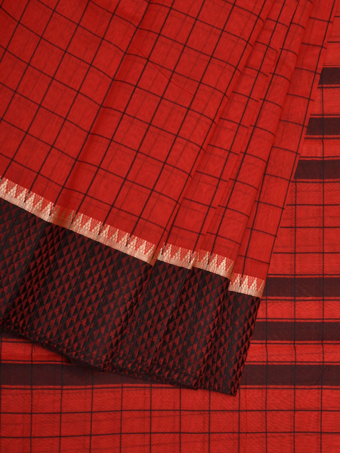 Red Bamboo Cotton Saree with Checks Design No Blouse o0362