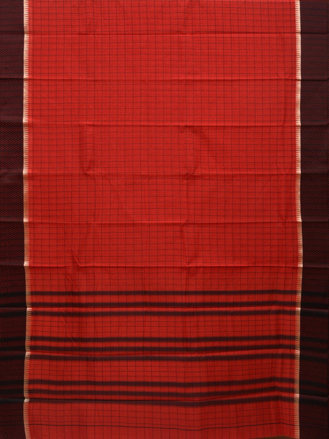 Red Bamboo Cotton Saree with Checks Design No Blouse o0362
