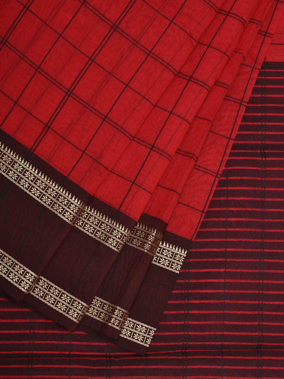 Red Bamboo Cotton Saree with Checks Design No Blouse o0366