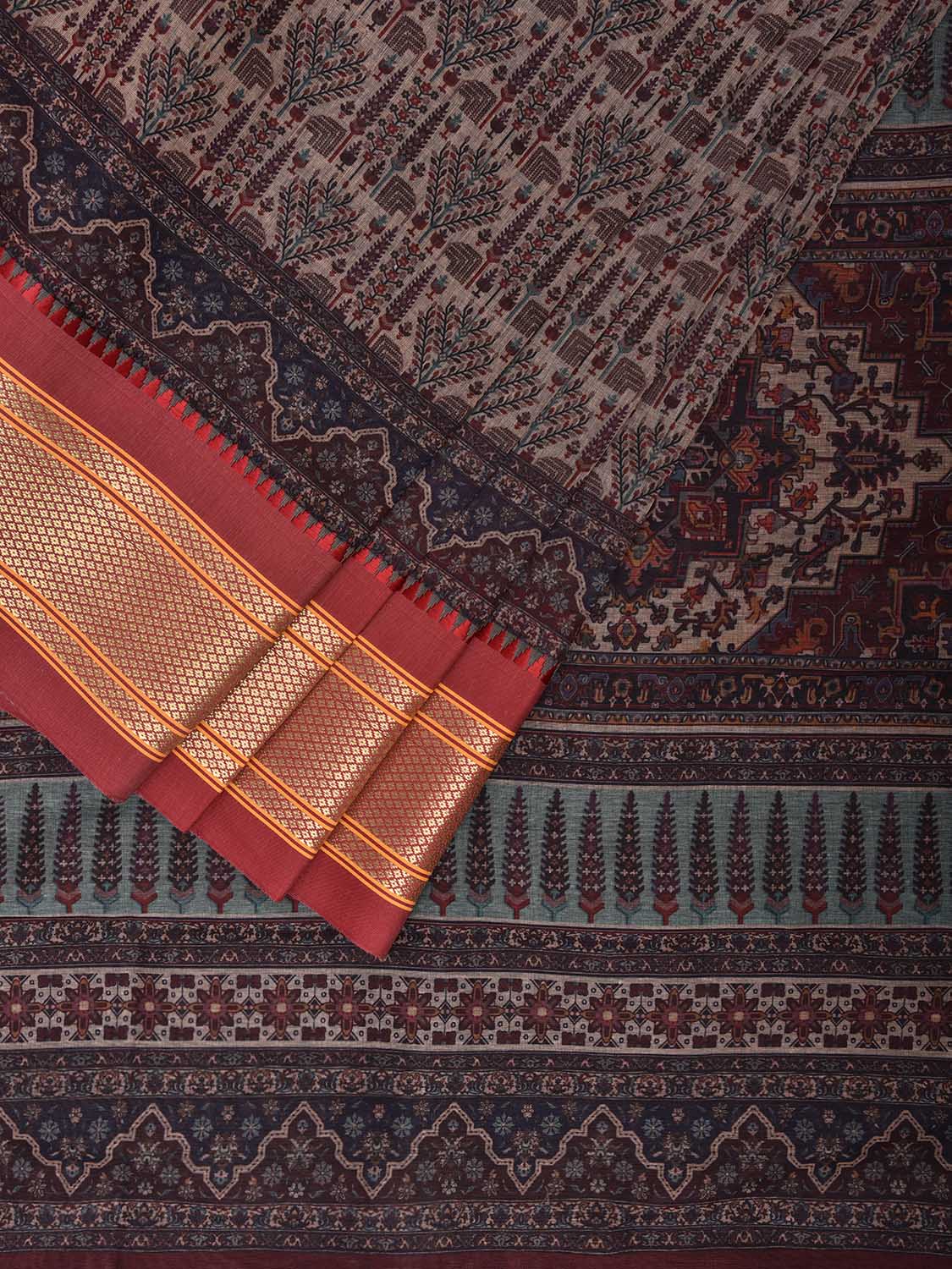 Red Bamboo Cotton Saree with Digital Print Design bc0762