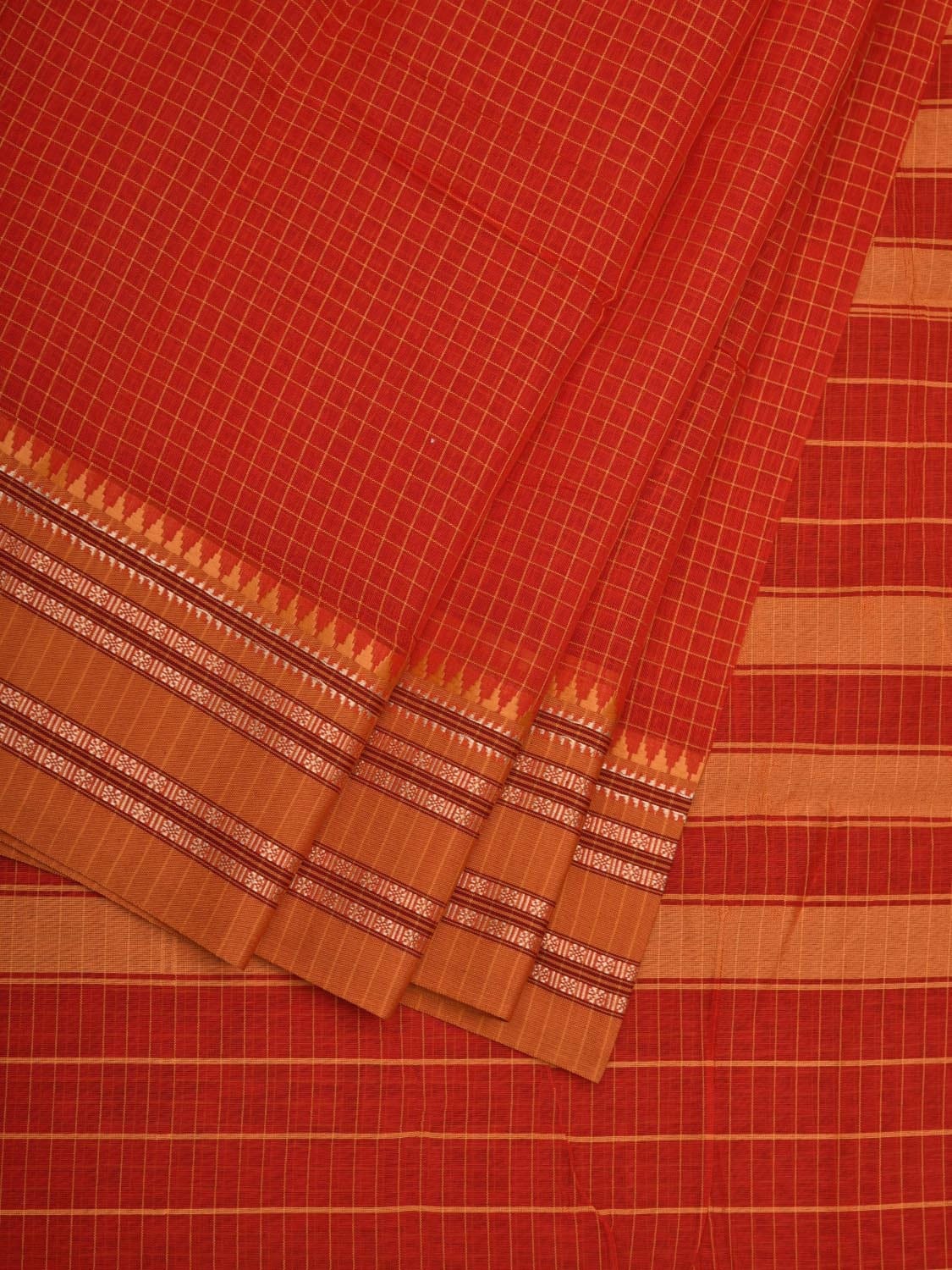 Red Bamboo Cotton Saree with Small Checks Design No Blouse o0354