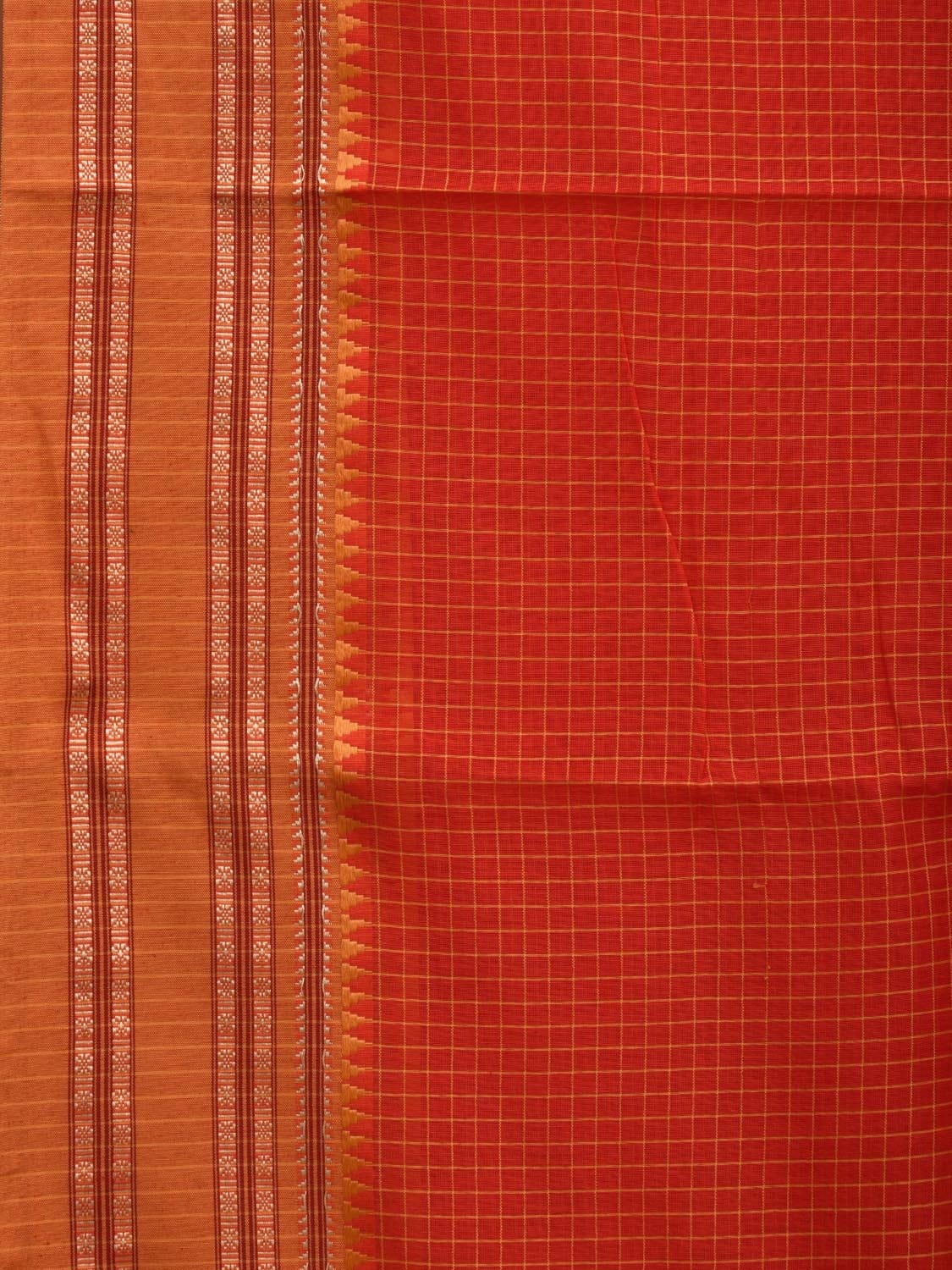 Red Bamboo Cotton Saree with Small Checks Design No Blouse o0354