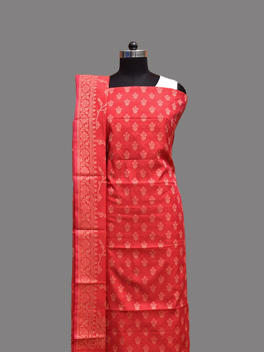 Red Banaras Cotton Viscose Dress Material with Dupatta, Top and Plain Bottom Design dm0072