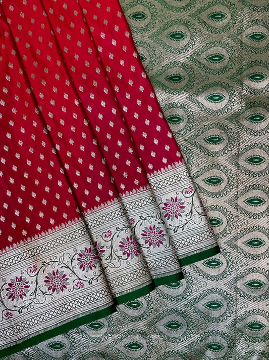 Red Banaras Katan Silk Saree with Body Butti and Border Design b0372s