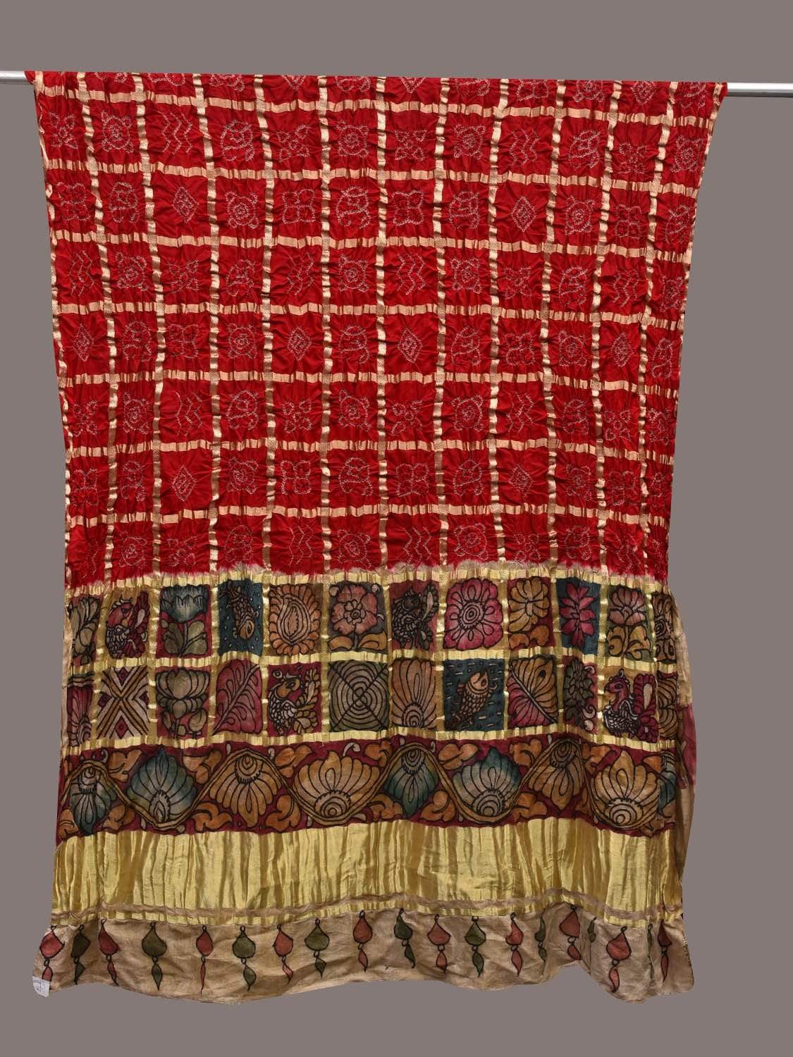 Red Bandhani Kalamkari Hand Painted Kanchipuram Silk Handloom Dupatta ds2474