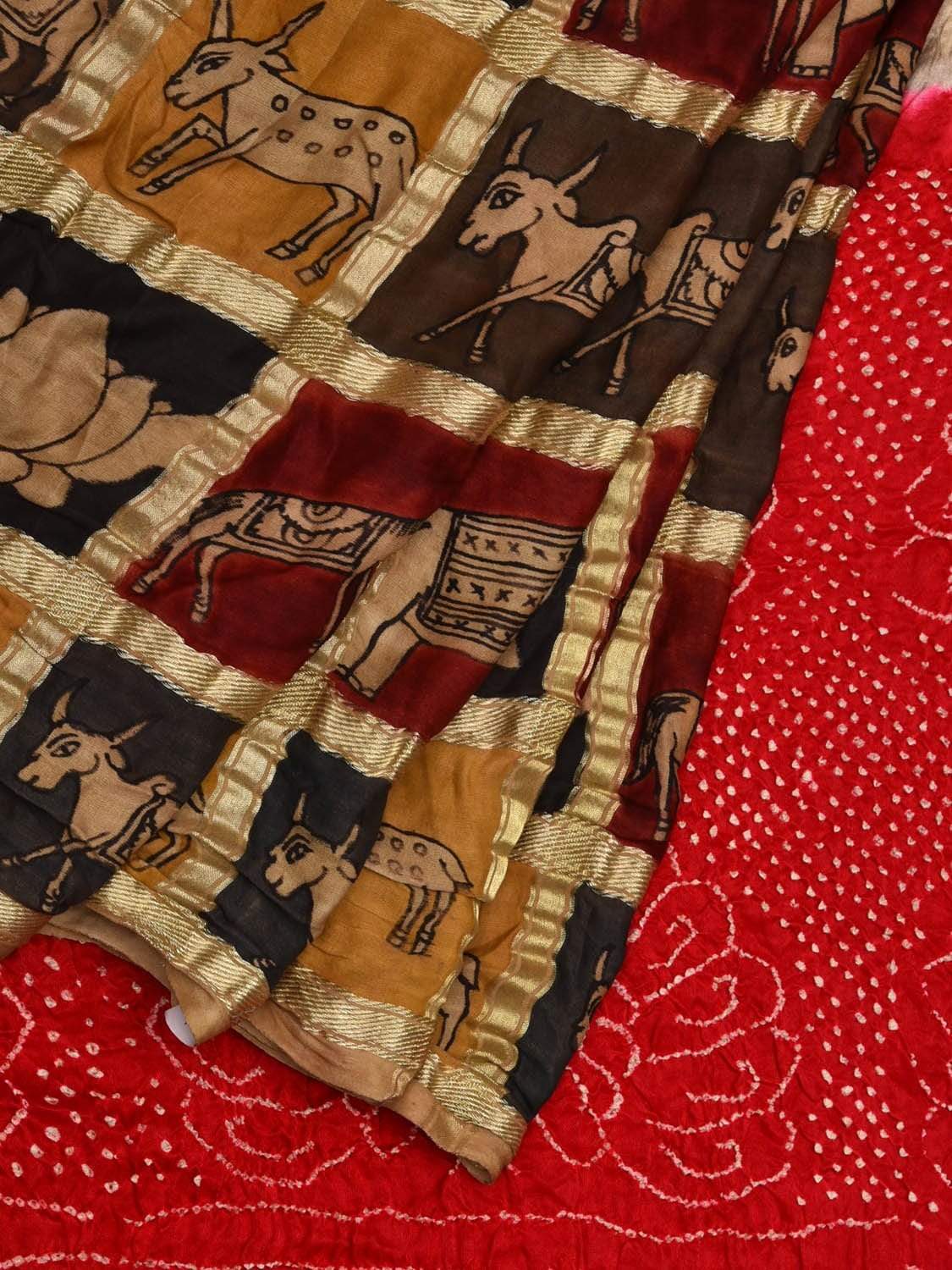 Red Bandhani Kalamkari Hand Painted Silk Handloom Saree with Big Checks Design bn0310