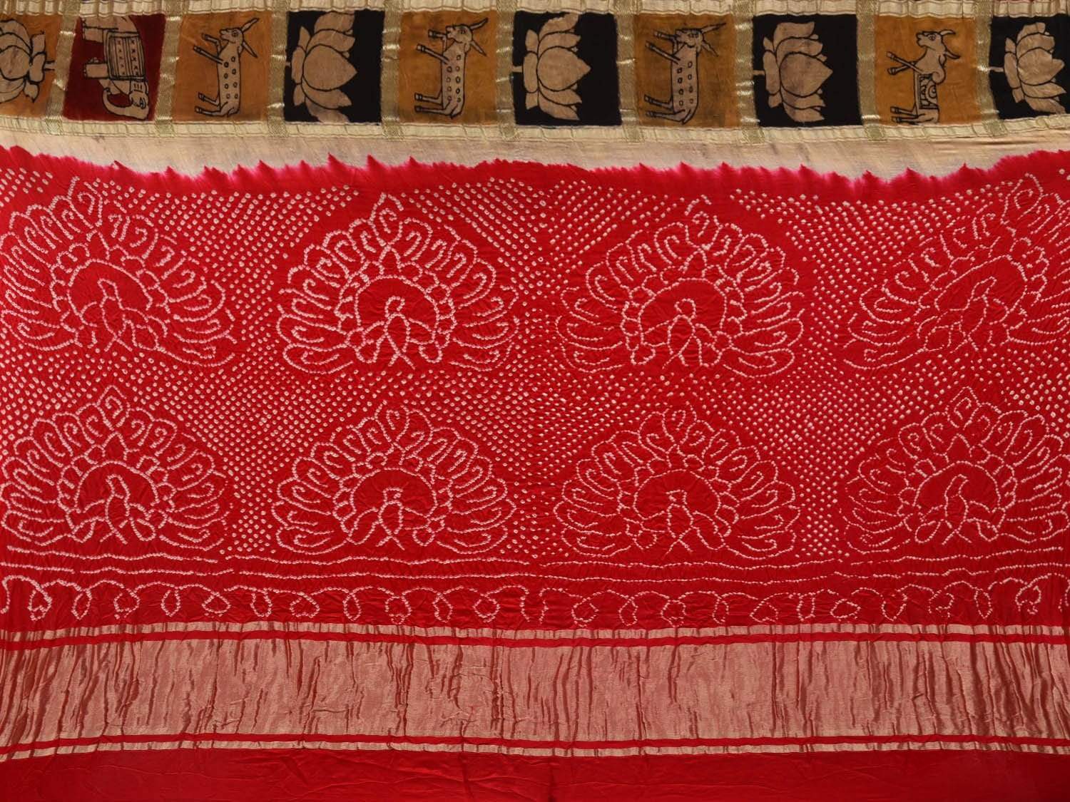 Red Bandhani Kalamkari Hand Painted Silk Handloom Saree with Big Checks Design bn0310