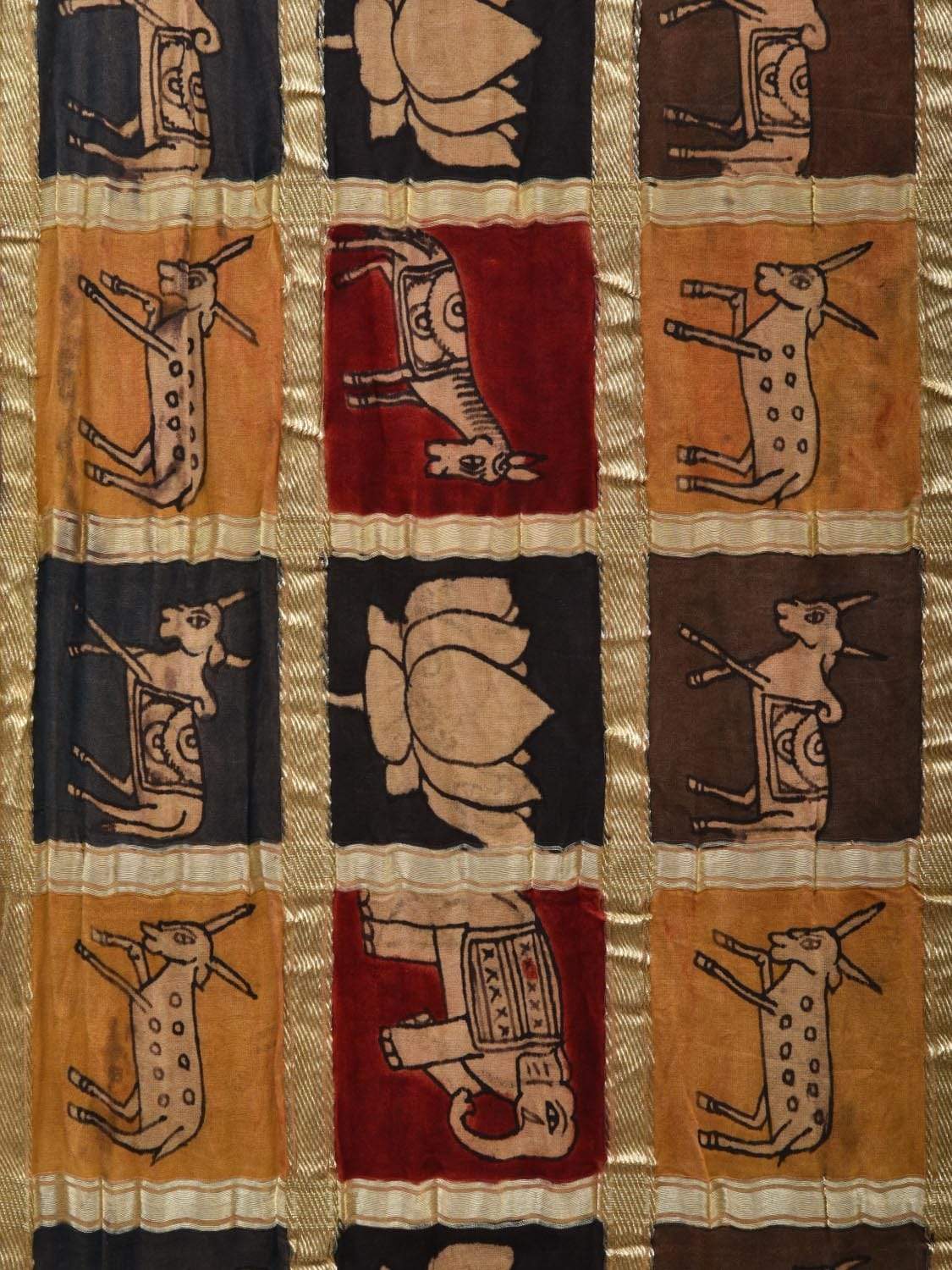 Red Bandhani Kalamkari Hand Painted Silk Handloom Saree with Big Checks Design bn0310