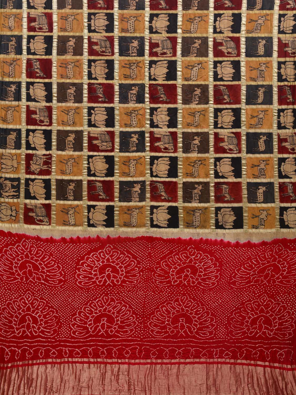 Red Bandhani Kalamkari Hand Painted Silk Handloom Saree with Big Checks Design bn0310