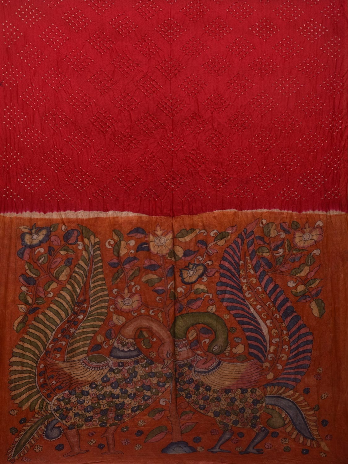 Red Bandhani Kalamkari Hand Painted Tussar Handloom Saree with Peacocks Pallu Design bn0427