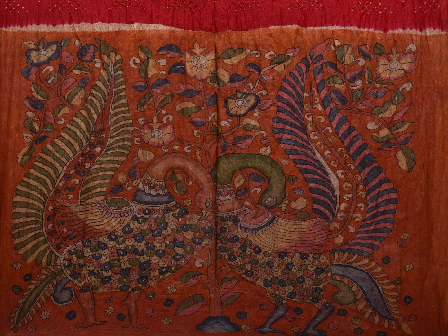 Red Bandhani Kalamkari Hand Painted Tussar Handloom Saree with Peacocks Pallu Design bn0427
