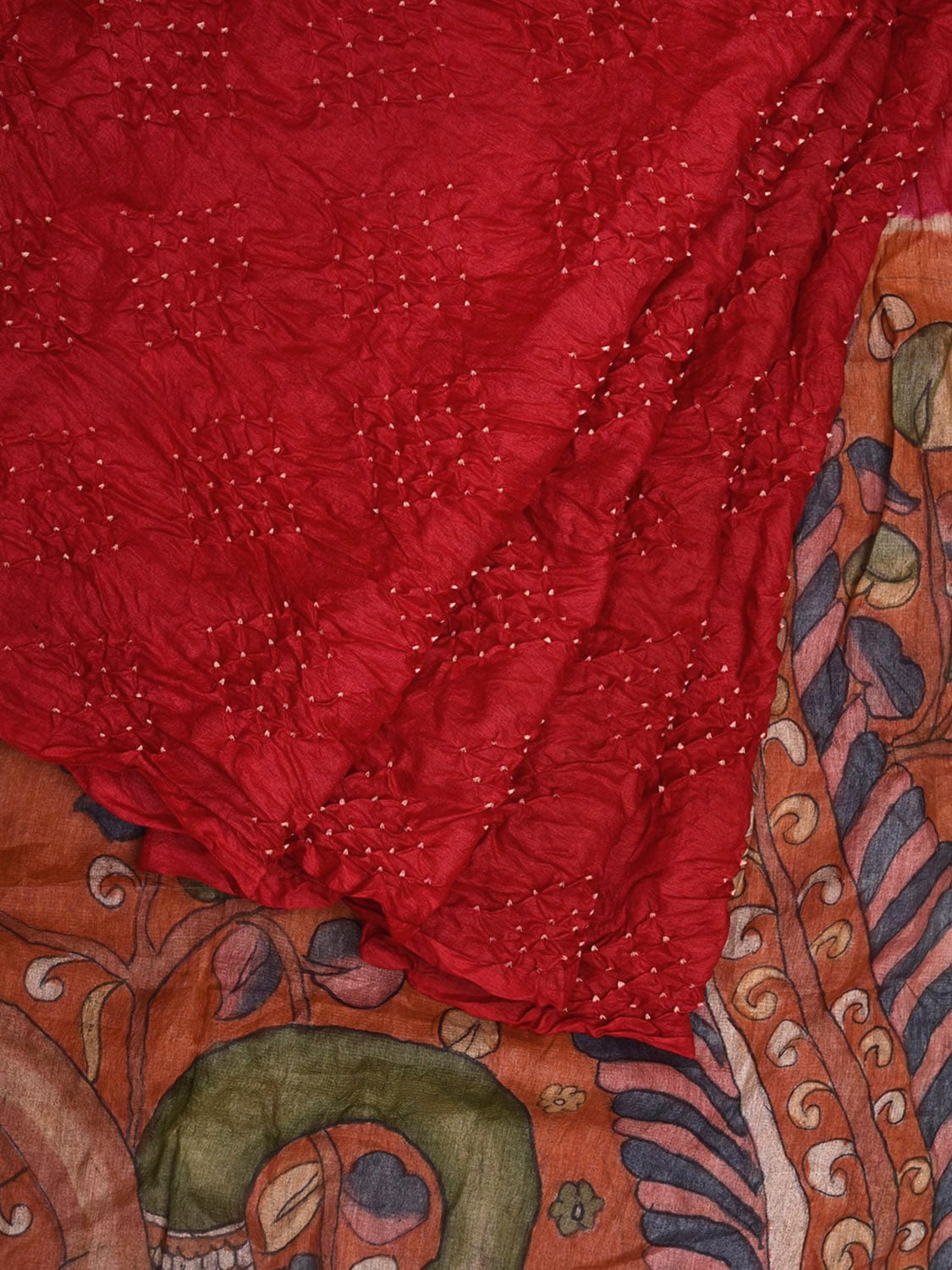Red Bandhani Kalamkari Hand Painted Tussar Handloom Saree with Peacocks Pallu Design bn0427