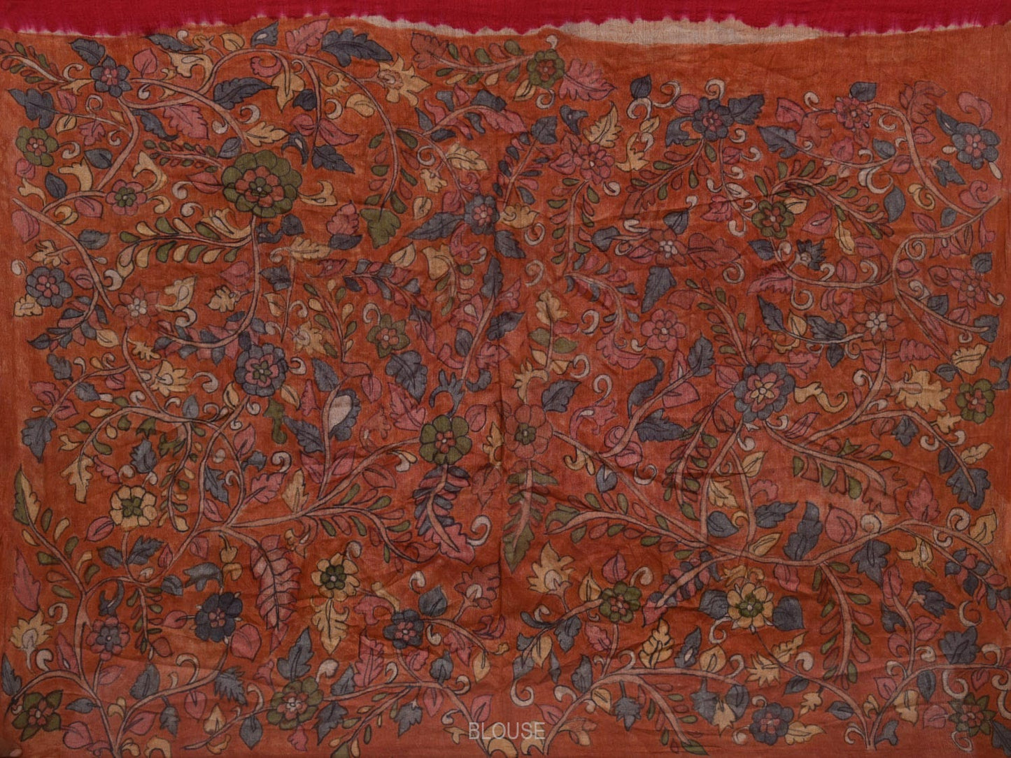 Red Bandhani Kalamkari Hand Painted Tussar Handloom Saree with Peacocks Pallu Design bn0427