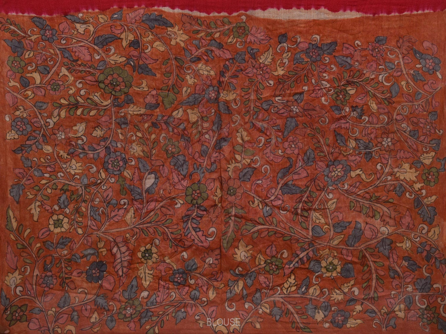 Red Bandhani Kalamkari Hand Painted Tussar Handloom Saree with Peacocks Pallu Design bn0427