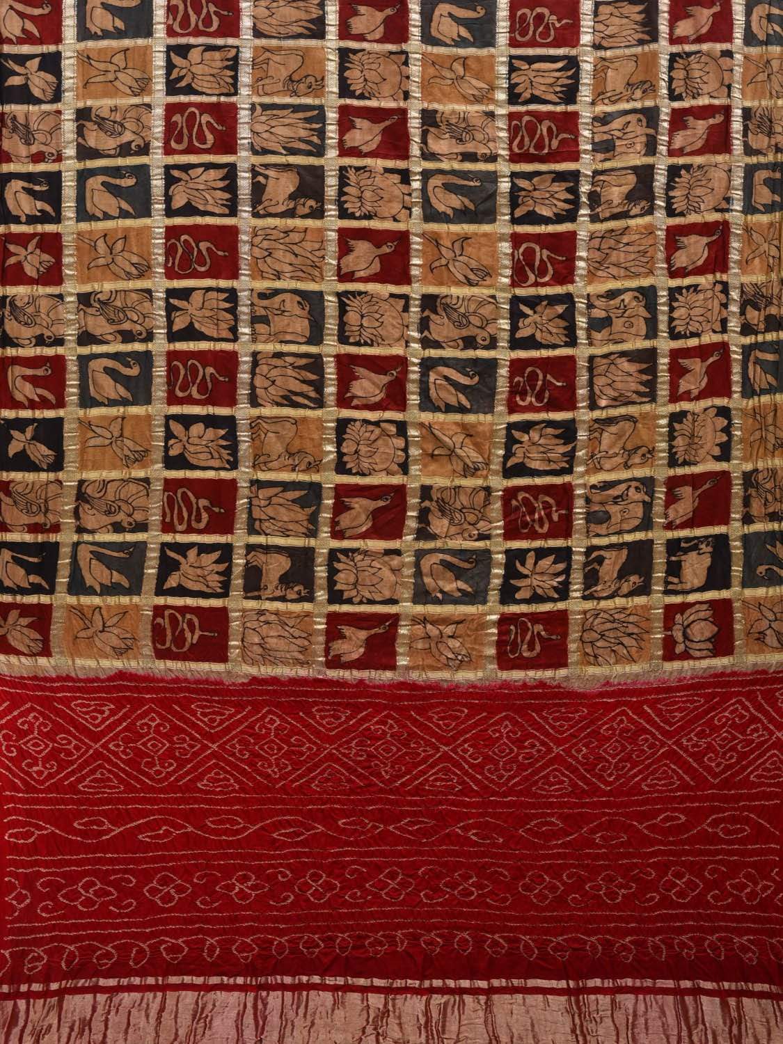 Red Bandhani Kalamkari Silk Handloom Saree with Checks Design bn0287