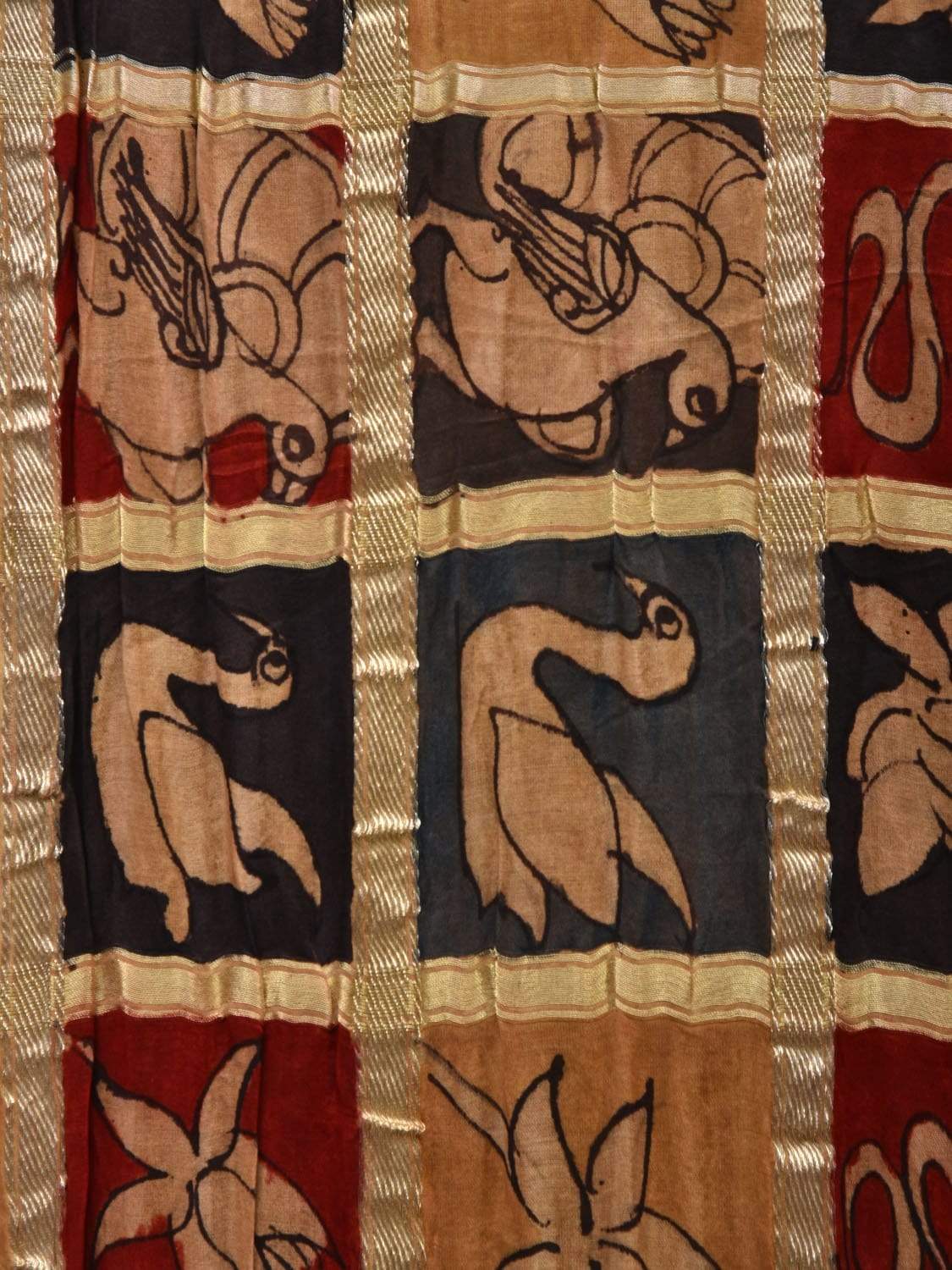 Red Bandhani Kalamkari Silk Handloom Saree with Checks Design bn0287